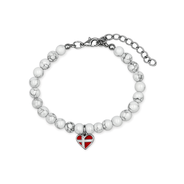 Armb�nd Hvid Howlite Med Hjerte Dannebrog Flag 