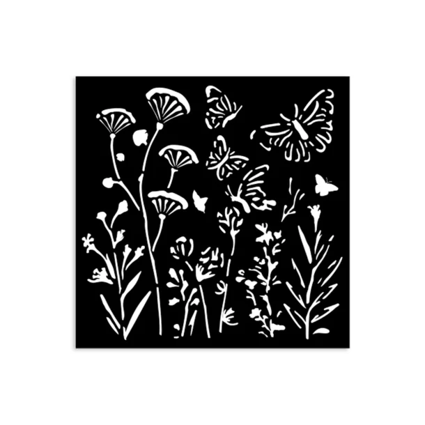 Stencil Tegne / Male Skabelon Valmuer &amp; Sommerfugle - 12 x 12 cm