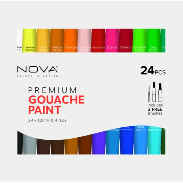 Nova Premium Gouache Maling 24 x 12 ml &amp; 3 Pensler