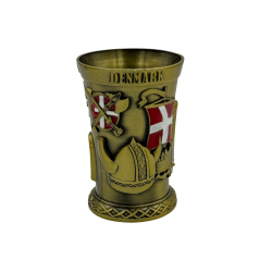 Shotglas Metal Antik Guld Viking &amp; Dannebrog Flag 3D